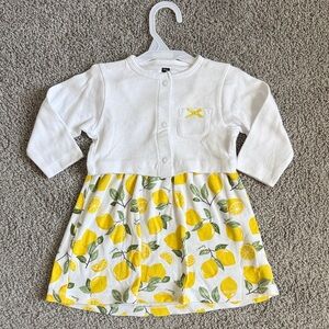Hudson Baby White and Yellow Lemon Print Baby Girl Dress & cardigan 6-9 months